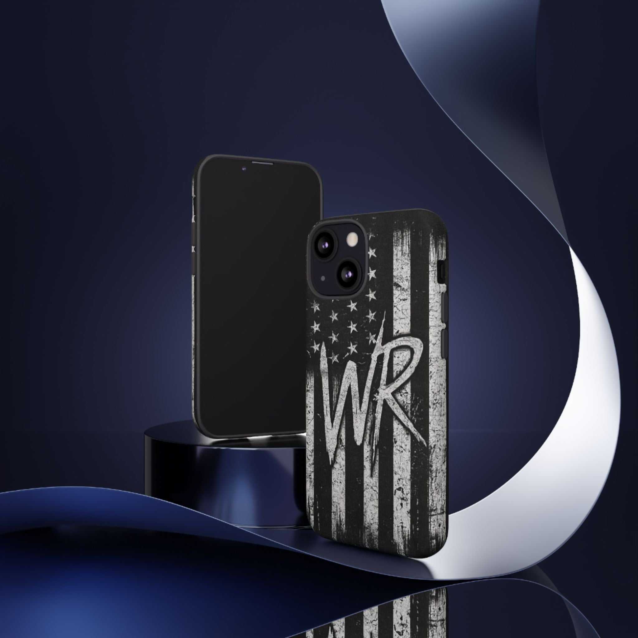 Distressed American flag phone case with WR monogram, designed by Printify for tough protection and style.