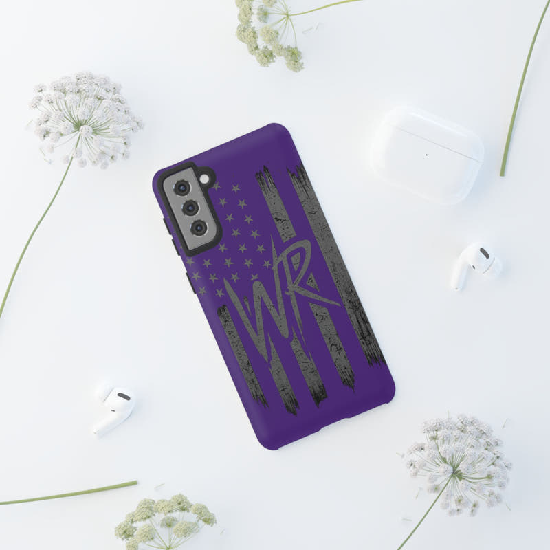 Purple 'WR' Flag Tough Phone Case by Printify, featuring a durable design with a vibrant flag graphic on the back.