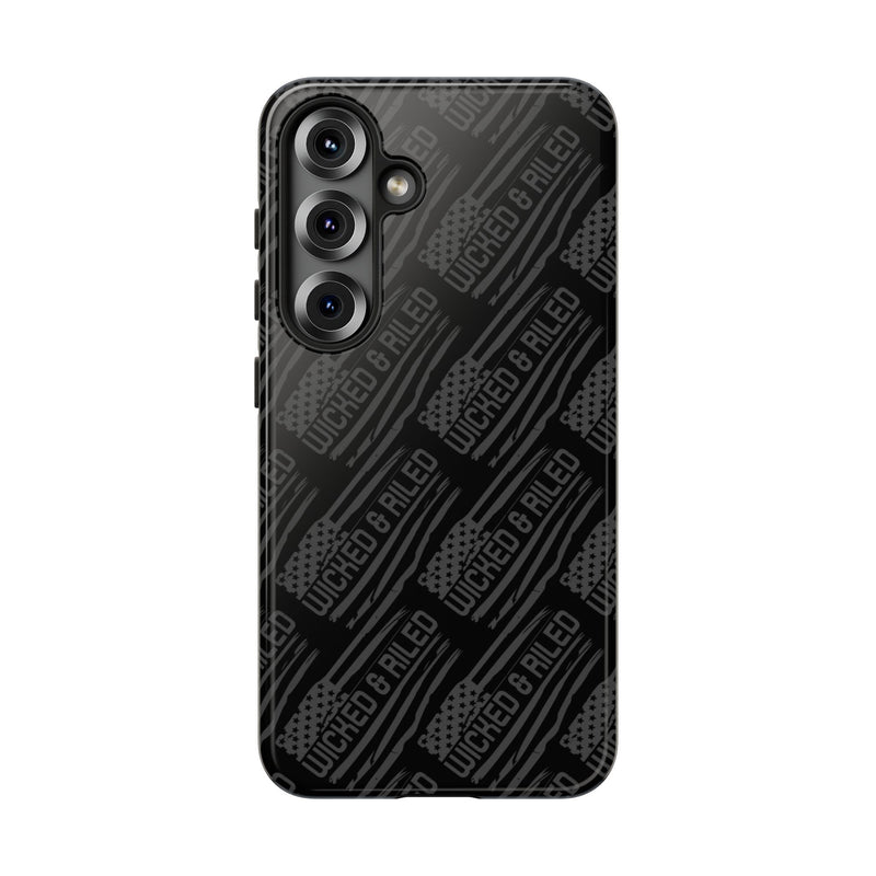Rugged black protective phone case by Printify featuring a textured TOUGH CASES pattern for enhanced grip and durability.