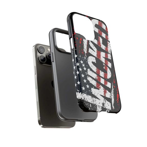 Distressed American flag phone case featuring "VETERAN" graphic by Printify, showcasing rugged patriotic design.