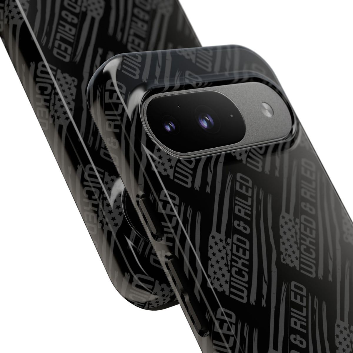 Rugged black protective phone case by Printify with a textured TOUGH CASES pattern for enhanced grip and durability.