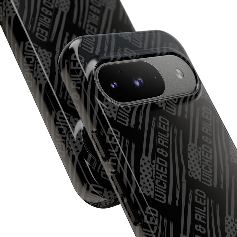 Rugged black protective phone case by Printify with a textured TOUGH CASES pattern for enhanced grip and durability.