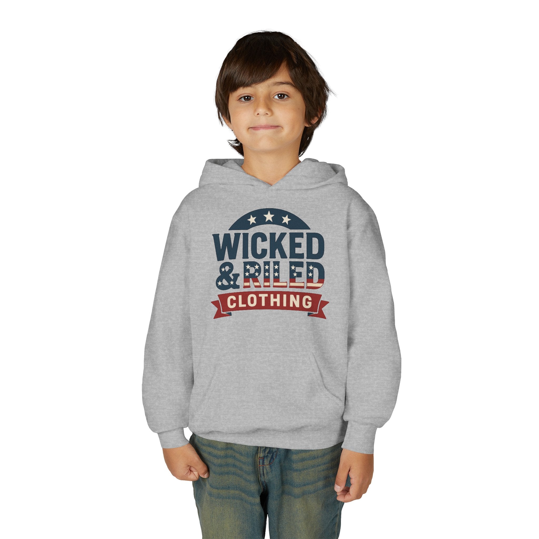 Wicked & Riled Youth Hoodie Patriotic Vintage Logo Sweatshirt