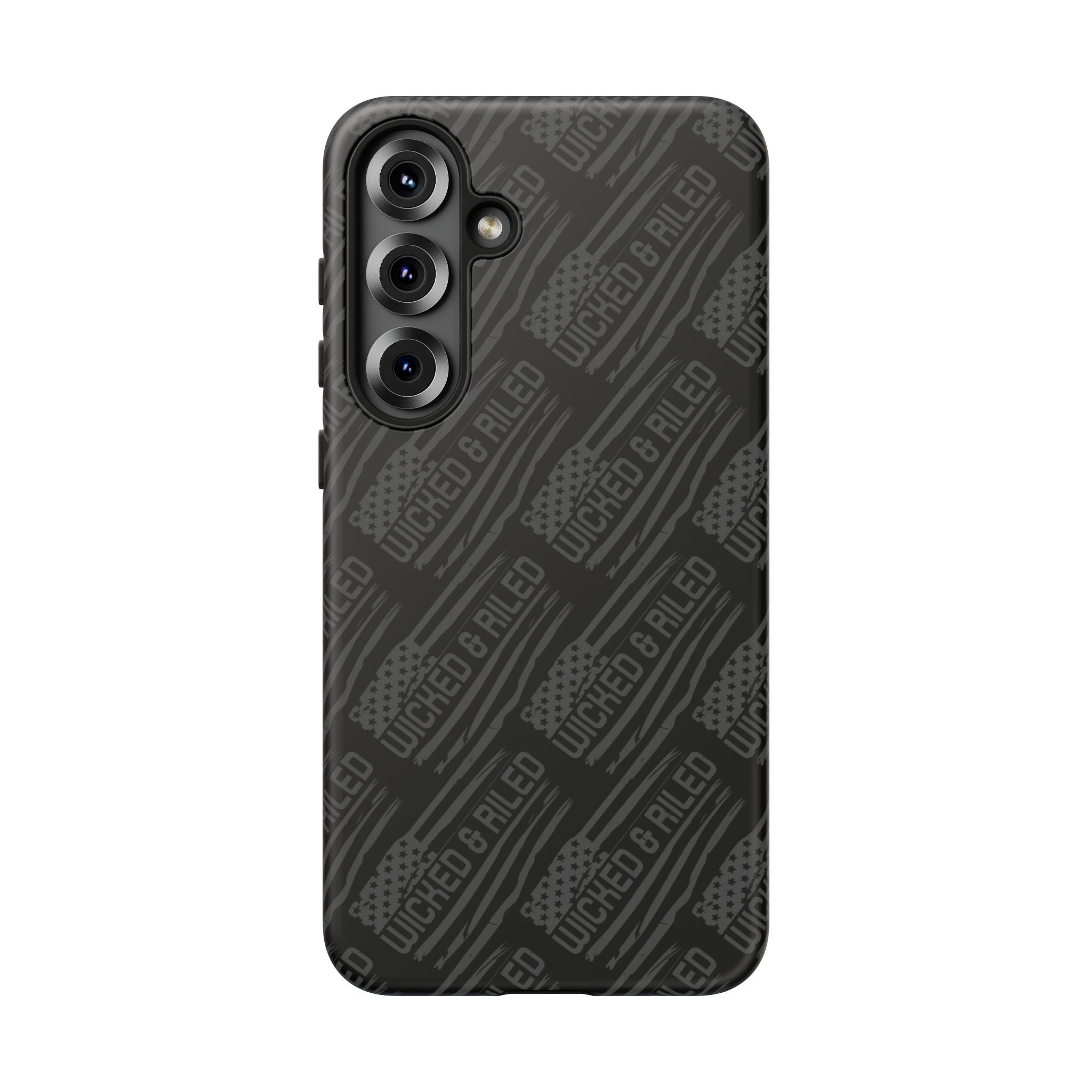 Rugged black protective phone case by Printify with a textured "TOUGH CASES" pattern for enhanced grip and durability.