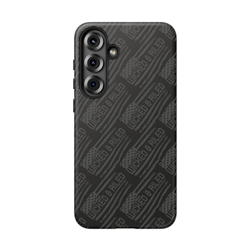 Rugged black protective phone case by Printify with a textured "TOUGH CASES" pattern for enhanced grip and durability.
