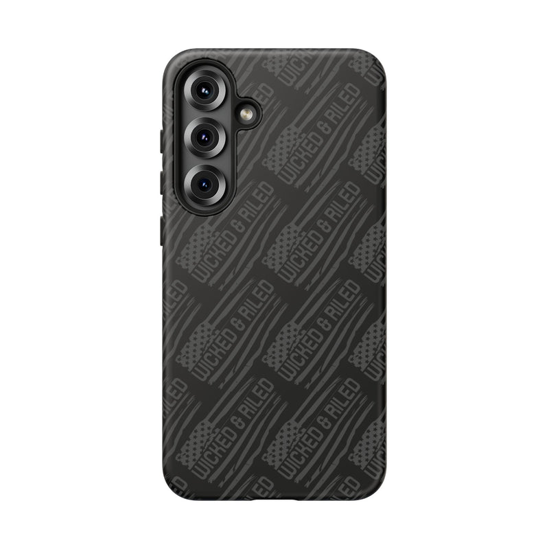 Rugged black protective phone case by Printify with a textured "TOUGH CASES" pattern for enhanced grip and durability.