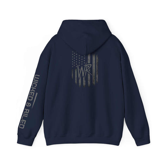 Distressed American logo pullover hoodie by Printify, featuring a bold graphic on a comfortable fabric.