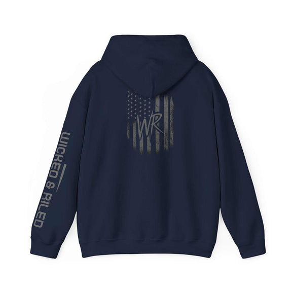 Distressed American logo pullover hoodie by Printify, featuring a bold graphic on a comfortable fabric.