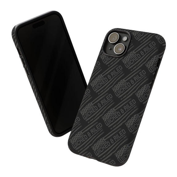 Rugged black protective phone case by Printify with textured "TOUGH CASES" pattern for enhanced grip and durability.